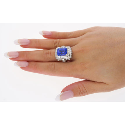 10.10 Carat Radiant No Heat Ceylon Sapphire Baguette Diamond Halo Ring Retro-Time and Carat