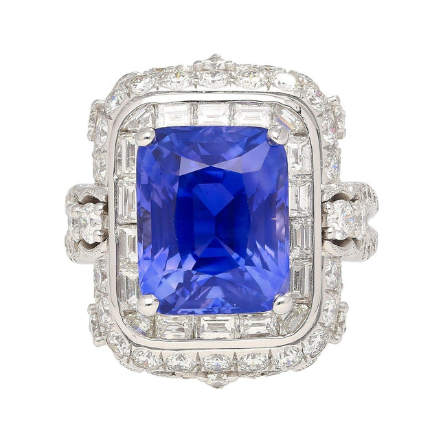 10.10 Carat Radiant No Heat Ceylon Sapphire Baguette Diamond Halo Ring Retro-Time and Carat
