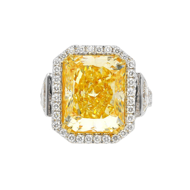 10.20 Carat Radiant Cut Fancy Intense Yellow Diamond Half Moon White Diamond Halo Ring-Time and Carat