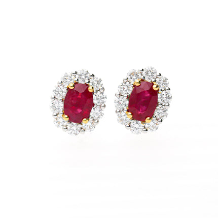 GIA Certified Burma Ruby Diamond Halo 18K White Yellow Gold Necklace and Earring Suite Three Piece Set