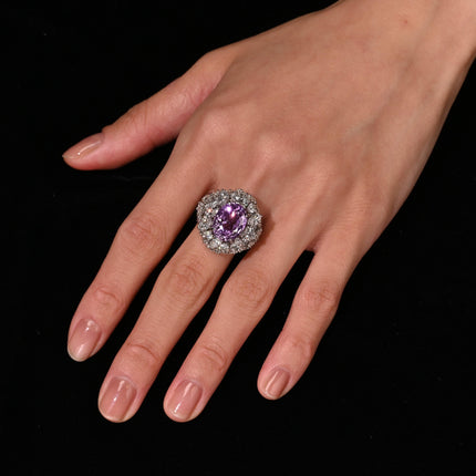 10.35 Carat Oval No Heat Ceylon Pinkish Purple Sapphire Mixed Cut Diamond Cluster Ring Platinum-Time and Carat