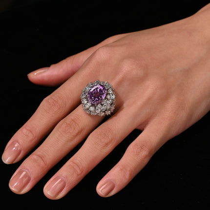 10.35 Carat Oval No Heat Ceylon Pinkish Purple Sapphire Mixed Cut Diamond Cluster Ring Platinum-Time and Carat