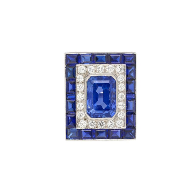 10.82 Carat Emerald Cut Octagonal Ceylon Blue Sapphire Round Diamond Emerald Sapphire Art Deco Ring Platinum No Heat-Time and Carat