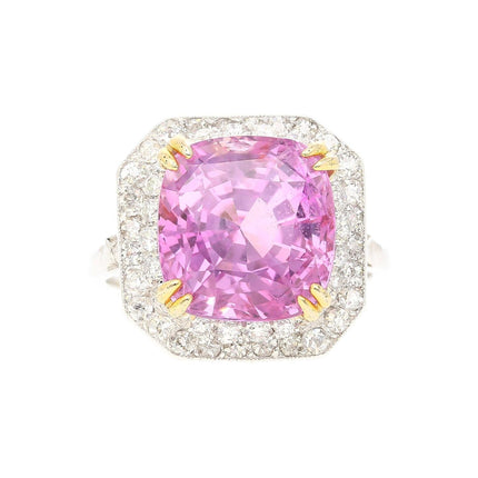 10.88 Carat Cushion Cut Pink Sapphire Round Diamond Halo Ring-Time and Carat