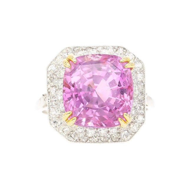 10.88 Carat Cushion Cut Pink Sapphire Round Diamond Halo Ring-Time and Carat