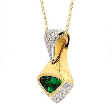 11 Carat Triangle Cut Tsavorite Garnet Diamond Pave Pendant Necklace 18K Gold Modernist-Time and Carat