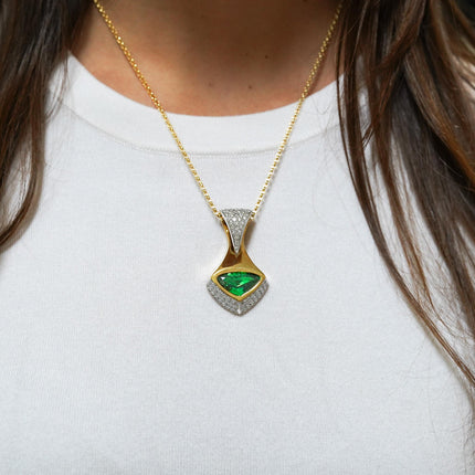 11 Carat Triangle Cut Tsavorite Garnet Diamond Pave Pendant Necklace 18K Gold Modernist-Time and Carat