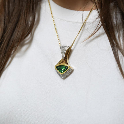 11 Carat Triangle Cut Tsavorite Garnet Diamond Pave Pendant Necklace 18K Gold Modernist-Time and Carat