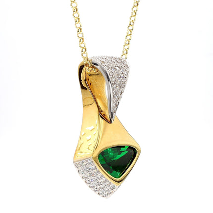 11 Carat Triangle Cut Tsavorite Garnet Diamond Pave Pendant Necklace 18K Gold Modernist-Time and Carat