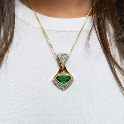 11 Carat Triangle Cut Tsavorite Garnet Diamond Pave Pendant Necklace 18K Gold Modernist-Time and Carat