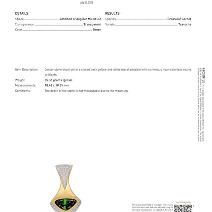 11 Carat Triangle Cut Tsavorite Garnet Diamond Pave Pendant Necklace 18K Gold Modernist-Time and Carat