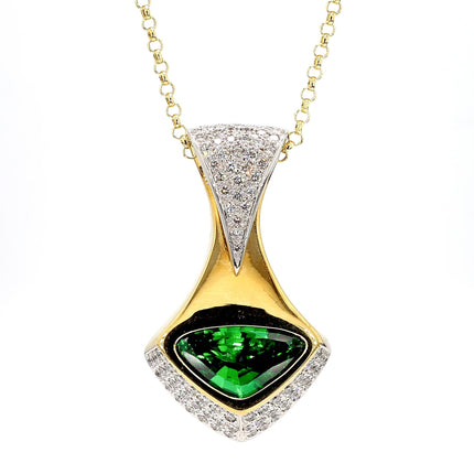 11 Carat Triangle Cut Tsavorite Garnet Diamond Pave Pendant Necklace 18K Gold Modernist-Time and Carat