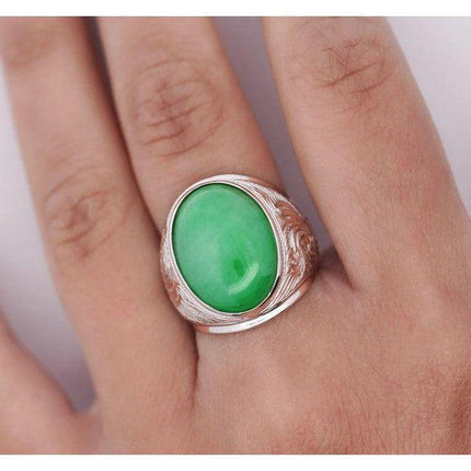11.05 Carat Oval Cabochon Untreated Green Jadeite Jade Mens Solitaire Ring Filigree Tapered Band-Time and Carat