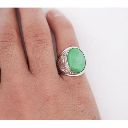 11.05 Carat Oval Cabochon Untreated Green Jadeite Jade Mens Solitaire Ring Filigree Tapered Band-Time and Carat
