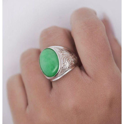 11.05 Carat Oval Cabochon Untreated Green Jadeite Jade Mens Solitaire Ring Filigree Tapered Band-Time and Carat