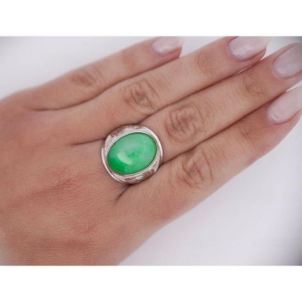 11.05 Carat Oval Cabochon Untreated Green Jadeite Jade Mens Solitaire Ring Filigree Tapered Band-Time and Carat