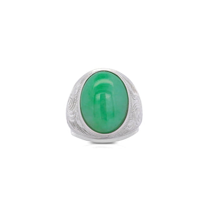11.05 Carat Oval Cabochon Untreated Green Jadeite Jade Mens Solitaire Ring Filigree Tapered Band-Time and Carat