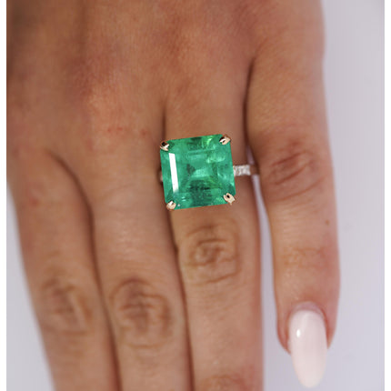 11.28 Carat Square Emerald Cut Colombian Emerald Old Euro Diamond Vintage Ring 18K Gold-Time and Carat