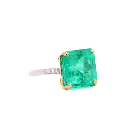 11.28 Carat Square Emerald Cut Colombian Emerald Old Euro Diamond Vintage Ring 18K Gold-Time and Carat