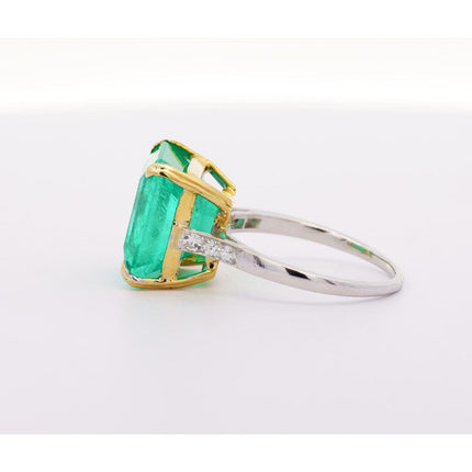 11.28 Carat Square Emerald Cut Colombian Emerald Old Euro Diamond Vintage Ring 18K Gold-Time and Carat