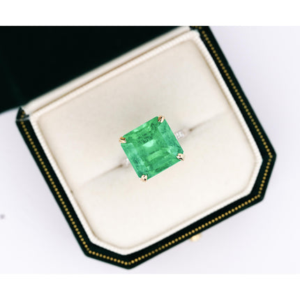 11.28 Carat Square Emerald Cut Colombian Emerald Old Euro Diamond Vintage Ring 18K Gold-Time and Carat