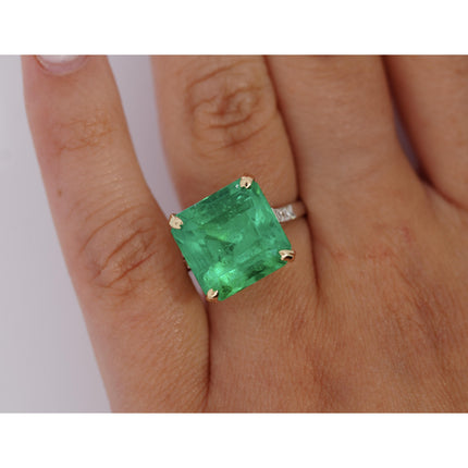 11.28 Carat Square Emerald Cut Colombian Emerald Old Euro Diamond Vintage Ring 18K Gold-Time and Carat