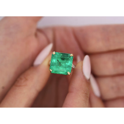 11.28 Carat Square Emerald Cut Colombian Emerald Old Euro Diamond Vintage Ring 18K Gold-Time and Carat