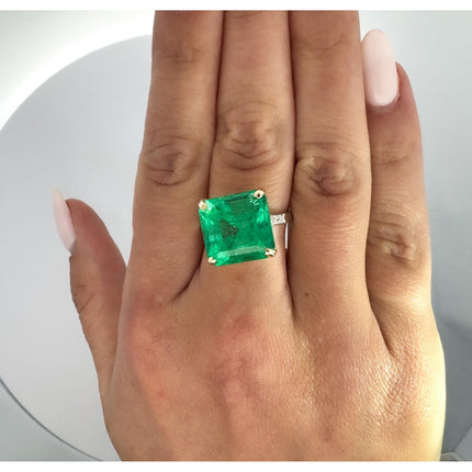11.28 Carat Square Emerald Cut Colombian Emerald Old Euro Diamond Vintage Ring 18K Gold-Time and Carat