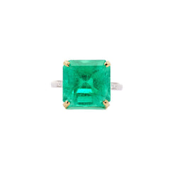 11.28 Carat Square Emerald Cut Colombian Emerald Old Euro Diamond Vintage Ring 18K Gold-Time and Carat