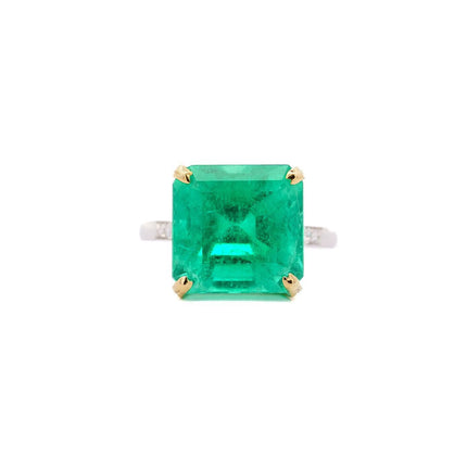 11.28 Carat Square Emerald Cut Colombian Emerald Old Euro Diamond Vintage Ring 18K Gold-Time and Carat