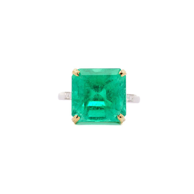 11.28 Carat Square Emerald Cut Colombian Emerald Old Euro Diamond Vintage Ring 18K Gold-Time and Carat