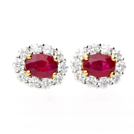 GIA Certified Burma Ruby Diamond Halo 18K White Yellow Gold Necklace and Earring Suite Three Piece Set