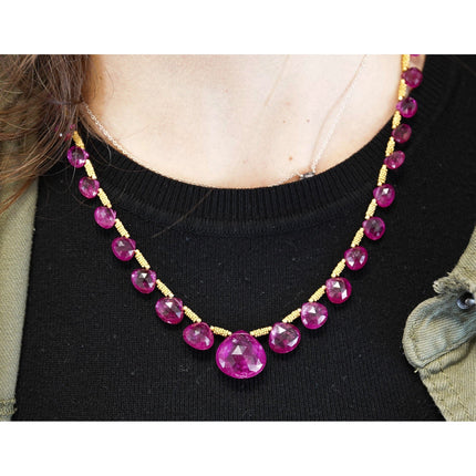 120 Carat Pear Checkerboard Cut Rubellite Tourmaline Bead Necklace 22K Gold-Time and Carat
