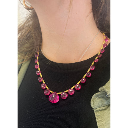 120 Carat Pear Checkerboard Cut Rubellite Tourmaline Bead Necklace 22K Gold-Time and Carat