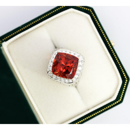12.51 Carat Cushion Cut Spessartine Garnet Round Diamond Vintage Ring-Time and Carat
