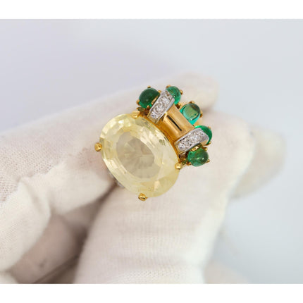 12.61 Carat Oval Cut Ceylon Yellow Sapphire Emerald Diamond Vintage Flower Ring-Time and Carat