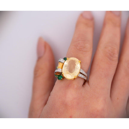 12.61 Carat Oval Cut Ceylon Yellow Sapphire Emerald Diamond Vintage Flower Ring-Time and Carat