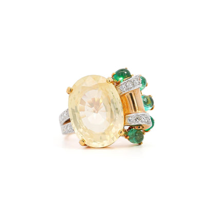 12.61 Carat Oval Cut Ceylon Yellow Sapphire Emerald Diamond Vintage Flower Ring-Time and Carat