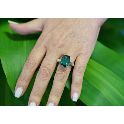 12.68 Carat Cushion Cut Green Tanzanite Baguette Round Diamond Vintage Ring-Time and Carat
