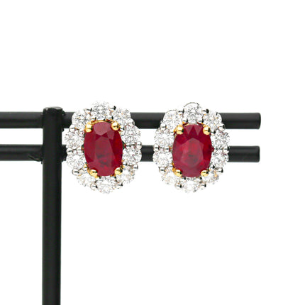 GIA Certified Burma Ruby Diamond Halo 18K White Yellow Gold Necklace and Earring Suite Three Piece Set