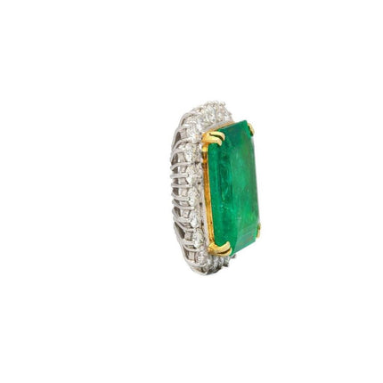 13.49 Carat Square Emerald Cut Colombian Emerald Round Diamond Halo Pendant Necklace Platinum Minor Oil-Time and Carat