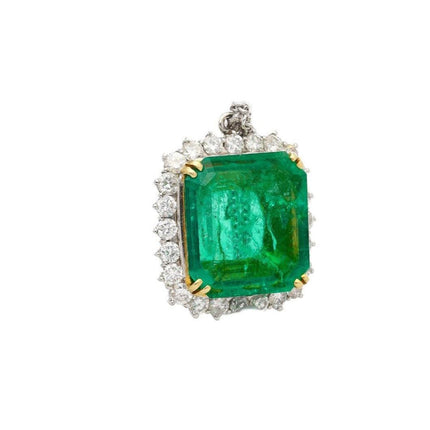 13.49 Carat Square Emerald Cut Colombian Emerald Round Diamond Halo Pendant Necklace Platinum Minor Oil-Time and Carat