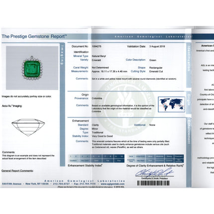 13.49 Carat Square Emerald Cut Colombian Emerald Round Diamond Halo Pendant Necklace Platinum Minor Oil-Time and Carat
