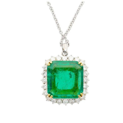 13.49 Carat Square Emerald Cut Colombian Emerald Round Diamond Halo Pendant Necklace Platinum Minor Oil-Time and Carat