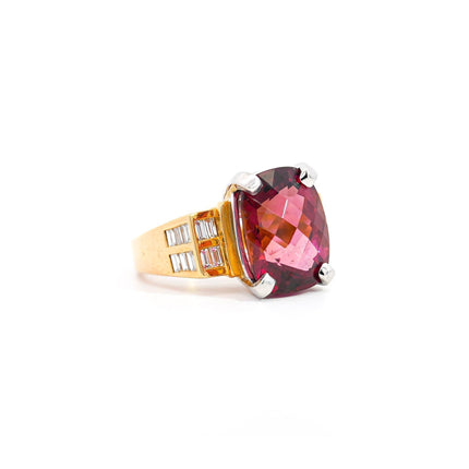 13.50 Carat Cushion Cut Purplish Pink Tourmaline Baguette Diamond Two Tone Ring-Time and Carat