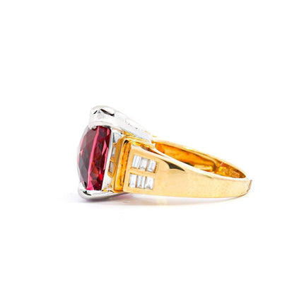 13.50 Carat Cushion Cut Purplish Pink Tourmaline Baguette Diamond Two Tone Ring-Time and Carat