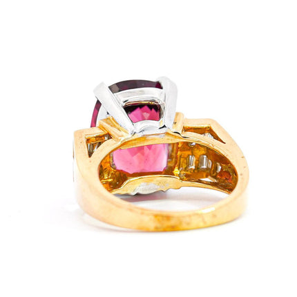 13.50 Carat Cushion Cut Purplish Pink Tourmaline Baguette Diamond Two Tone Ring-Time and Carat