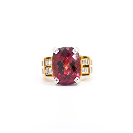 13.50 Carat Cushion Cut Purplish Pink Tourmaline Baguette Diamond Two Tone Ring-Time and Carat