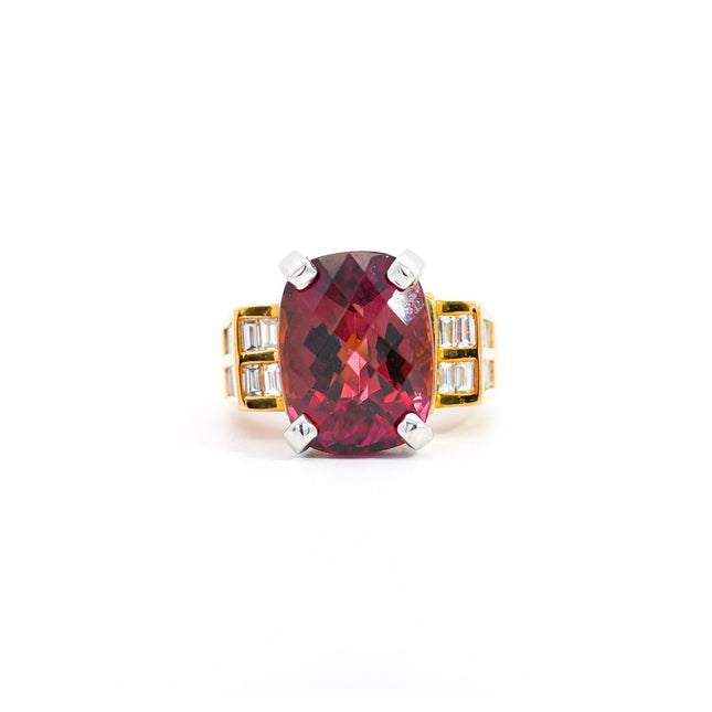 13.50 Carat Cushion Cut Purplish Pink Tourmaline Baguette Diamond Two Tone Ring-Time and Carat