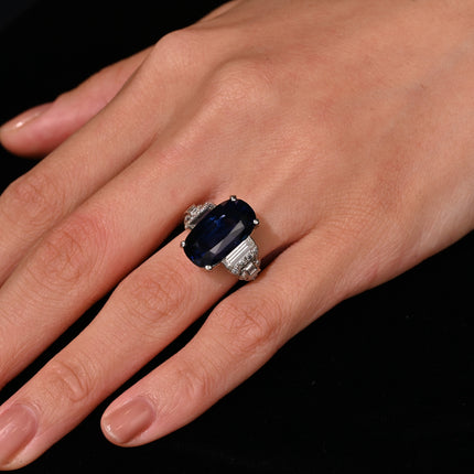 13.81 Carat Oval Cut Ceylon Blue Sapphire Diamond Vintage Ring-Time and Carat